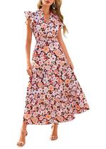 Vestido midi feminino PRETTYGARDEN 2025 floral com decote em V com babados