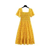 Vestido Midi Feminino Primavera/Verão - Chiffon, Manga Curta, Cintura Elástica e Estampa Floral Vestido Midi Feminino Primavera/Verão - Chiffon, Manga Curta, Cintura Elástica e Estampa Floral