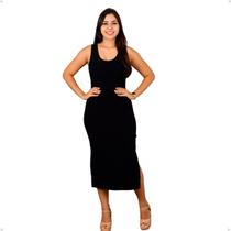 Vestido Midi Feminino Regata Canelado Fenda Lateral Casual