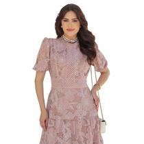 Vestido Midi Feminino Renda Forrado Moda Clássica Modesta Vestido Midi Feminino Renda Forrado Moda Clássica Modesta