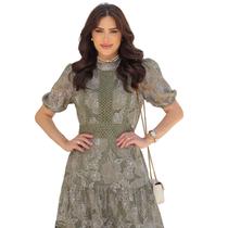 Vestido Midi Feminino Renda Forrado Moda Clássica Modesta