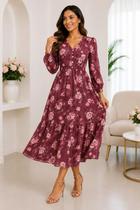 Vestido Midi Feminino Tule Floral Forrado Manga Longa Festa Casual Evangélico
