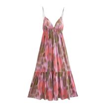 Vestido Midi Feminino Vintage Com Renda E Costas Nuas, Estampado, Cintura Elástica, Decote Em V, Vestido Midi Feminino Vintage Com Renda E Costas Nuas, Estampado, Cintura Elástica, Decote Em V,