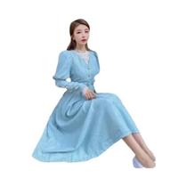 Vestido Midi Feminino Vintage Patchwork Renda Outono Inverno Casual Doce Kawaii Moda Coreana Vestido