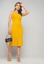 Vestido Midi Fenda Canelado Mostarda Salvatore