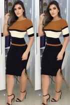 Vestido Midi Fenda Tricot Elastano Listrado tamanho único veste do 38 ao 42