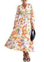 Vestido Midi Floral de Manga Longa com Decote em V para Mulheres PRETTYGARDEN Vestido Midi Floral de Manga Longa com Decote em V para Mulheres PRETTYGARDEN