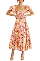 Vestido midi floral de verano para mujer PRETTYGARDEN en naranja y rojo, talla L Vestido midi floral de verano para mujer PRETTYGARDEN en naranja y rojo, talla L