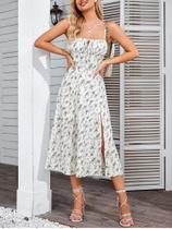 Vestido Midi Floral De Verão Para Mulheres Com Alças Ajustáveis E Fenda Casual Para Festa E Praia