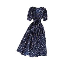 Vestido Midi Floral De Verão Para Mulheres Com Decote Em V, Mangas Bufantes E Cinto, Estampa Boêmia