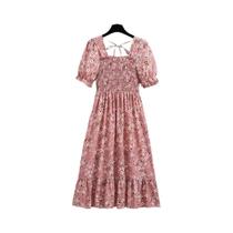 Vestido Midi Floral De Verão Para Mulheres, Manga Curta, Casual, Com Pregas, Gola Quadrada, Cintura