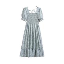 Vestido Midi Floral De Verão Para Mulheres, Manga Curta, Casual, Plissado, Gola Quadrada, Cintura
