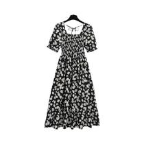Vestido Midi Floral De Verão Para Mulheres, Manga Curta, Casual, Plissado, Gola Quadrada, Cintura
