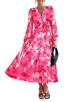 Vestido Midi Floral PRETTYGARDEN com Decote em V e Manga Longa XX-GG Vestido Midi Floral PRETTYGARDEN com Decote em V e Manga Longa XX-GG