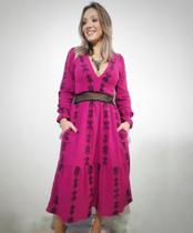 Vestido midi fúcsia com detalhes bordados em preto- Vitória