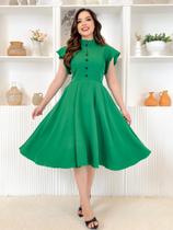 Vestido Midi Godê Alfaiataria Social Gola Alta Elegante