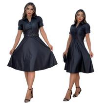 Vestido Mídi Godê com Cinto e Botões