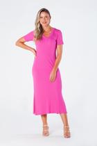 Vestido Midi Gola V com Manga e Fendas Laterias Canelado Pink Teresa