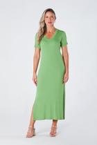 Vestido Midi Gola V com Manga e Fendas Laterias Canelado Verde Teresa Vestido Midi Gola V com Manga e Fendas Laterias Canelado Verde Teresa