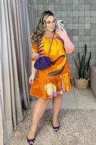 Vestido Midi Hadassa 7/8 Estampa Roxo e Laranja Plus Size