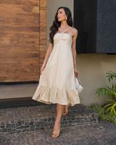 Vestido Midi Hadassa em Linho com Alça Removível, Estampa Poá - Monami - Preto / Amarelo Manteiga