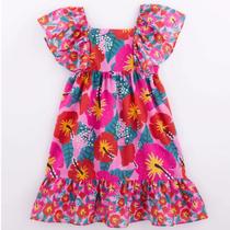 Vestido Midi Infantil Fábula Chita Plim Flores Rosa