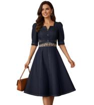 Vestido Midi Jeans Bordado Azul Modesto para Moda Evangélica Vestido Midi Jeans Bordado Azul Modesto para Moda Evangélica