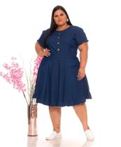 Vestido Midi Jeans com barra Babado Botoes Fake Plus Size