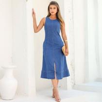 Vestido Midi Jeans Fenda Elegante
