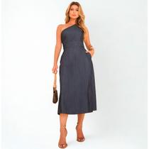 Vestido Midi Jeans Ombro Unico Moderno Festa Casual Top New Vestido Midi Jeans Ombro Unico Moderno Festa Casual Top New