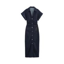 Vestido Midi Jeans Série 1975 Nova Coleção Primavera Com Lapela, Zíper Lateral, Cintura Franzida,