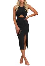 Vestido Midi Justo Sem Mangas com Recorte e Tricô Canelado Preto