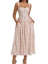 Vestido midi KUTUMAI, espartilho floral, fenda fluida com bolsos Vestido midi KUTUMAI, espartilho floral, fenda fluida com bolsos