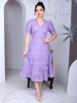 Vestido Midi Lese Bordado Festa Madrinha com Manga Curta Sofisticado