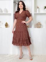 Vestido Midi Lese Bordado Festa Madrinha com Manga Curta Sofisticado