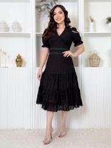Vestido Midi Lese Bordado Festa Madrinha com Manga Curta Sofisticado