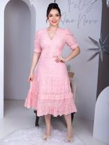 Vestido Midi Lese Bordado Festa Madrinha com Manga Curta Sofisticado