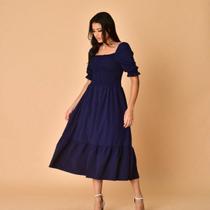 Vestido midi liso crepinho lastex manga curto 1942
