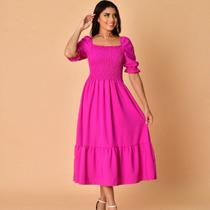 Vestido midi liso crepinho lastex manga curto 1942
