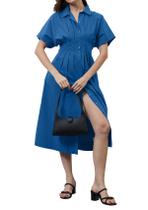 Vestido midi listrado calbatic com botões e pregas, azul