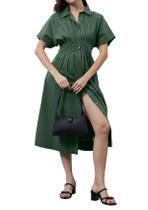 Vestido midi listrado calbatic com botões e pregas, verde-escuro