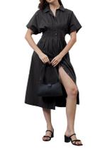 Vestido midi listrado calbatic com botões, pregas e cor preta