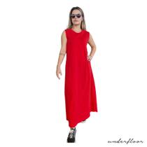 Vestido midi longo feminino corte a fio com fenda malha 100% algodão básico