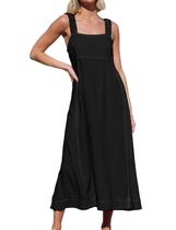 Vestido midi LTSCNRM feminino casual de verão com gola quadrada preto Vestido midi LTSCNRM feminino casual de verão com gola quadrada preto