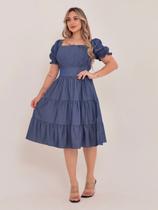 vestido midi luxo chambray imitação de jeans manga curto 1101