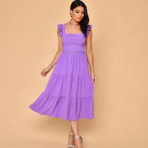 Vestido midi luxo duna lisa com babada na manga e renda na cintura 0014