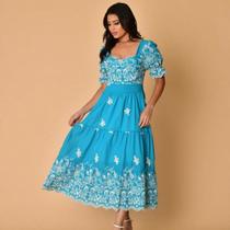 Vestido midi luxo lese bordado algodão manga curto 3119