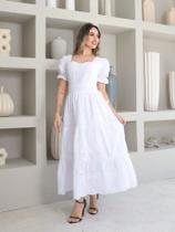 Vestido midi Luxo lese bordado algodao manga curto