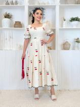 Vestido midi luxo linho bodardo algodão enlegante manga curto dia das mães