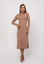 Vestido Midi M/L Decote Canoa Canelado Bege Salvatore